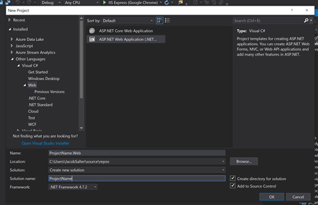 Visual Studio Screen showing new project set up