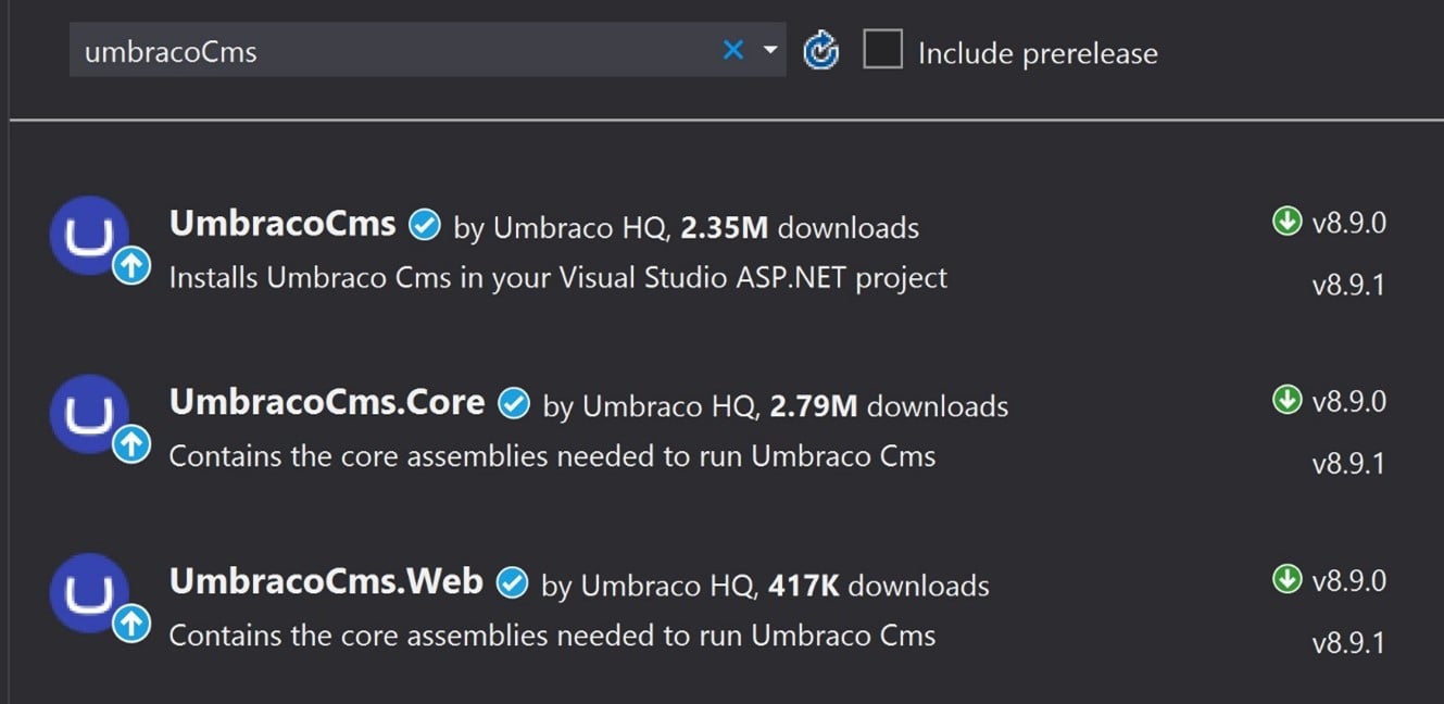 Umbraco CMS Nuget Selection screen